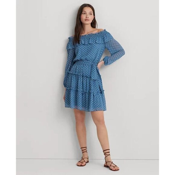 Lauren Ralph Lauren Size 12 Georgette Blue Polka Dot Off-the-Shoulder Dress NWT - Picture 1 of 13